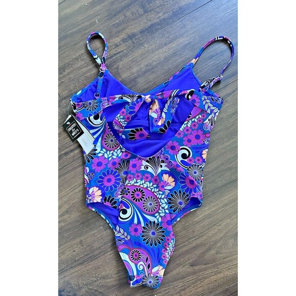 Salt + Cove Women's Floral-Print Tie closure at back One-Piece Swimsuit Purple S - Picture 8 of 10